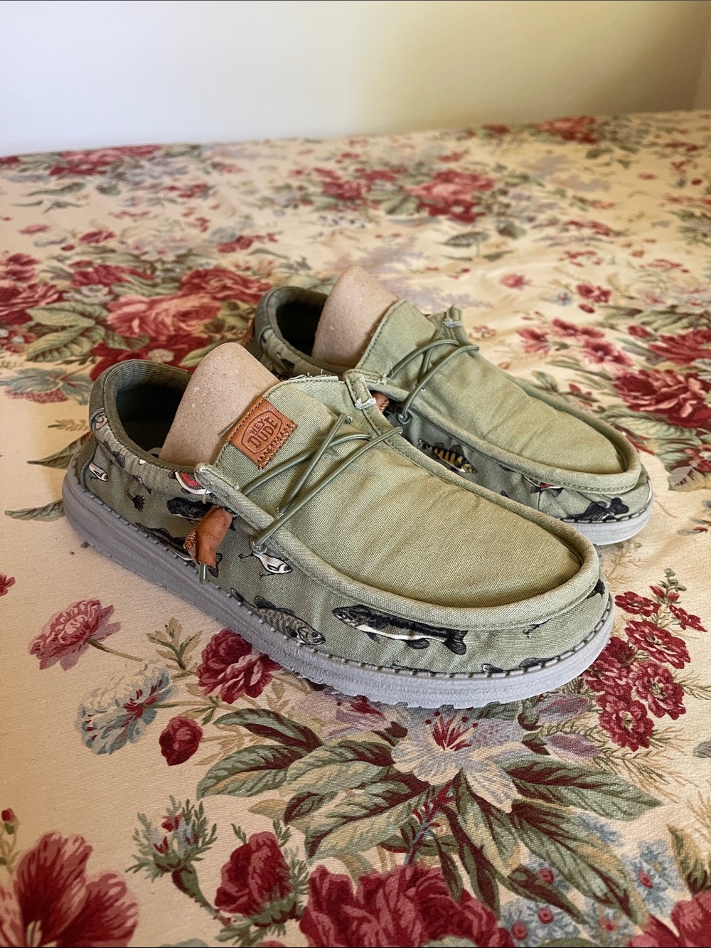 Hey Dude Sage Green Wally Slip-On Loafers with Fish Print